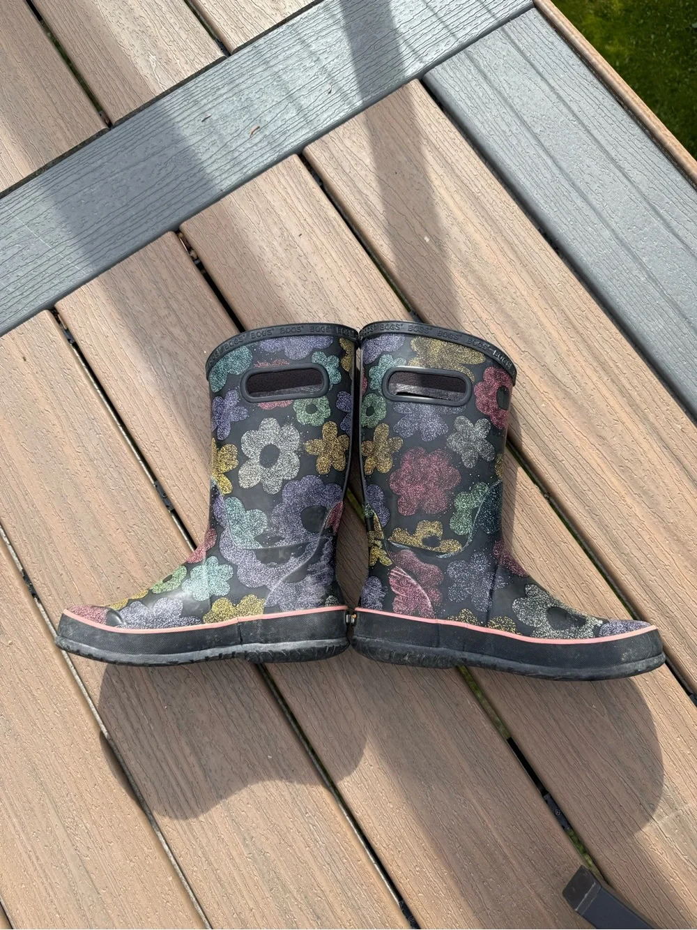 Bogs Kids Black Rain Boots with Multicolor Flowers